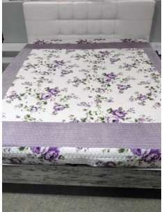 Френска кувертюра на лилави цветя и широк едноцветен бордюр 250x260см.-1