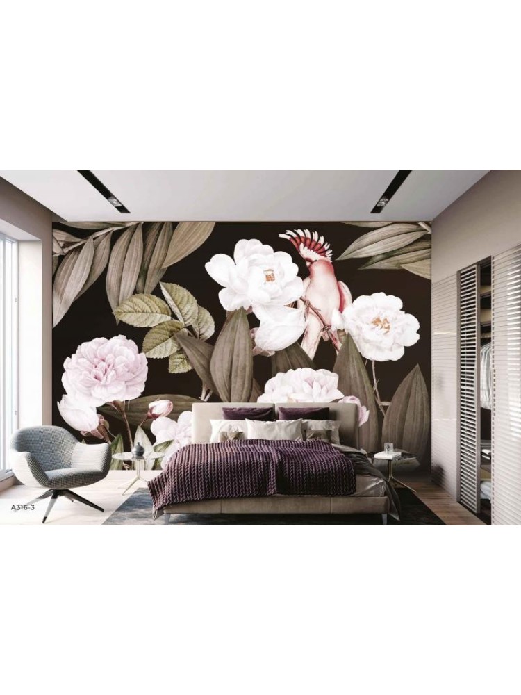 Фототапет AMAZON POSTER с големи цветя и розов папагал