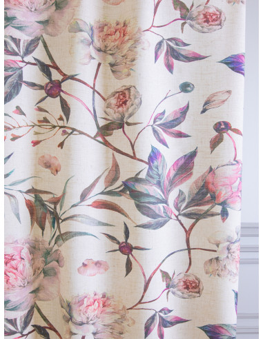 Ленена завеса с принт на розови цветя-1