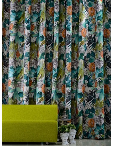 Плат за плътна завеса с тропически десен в зеленикава гама-5