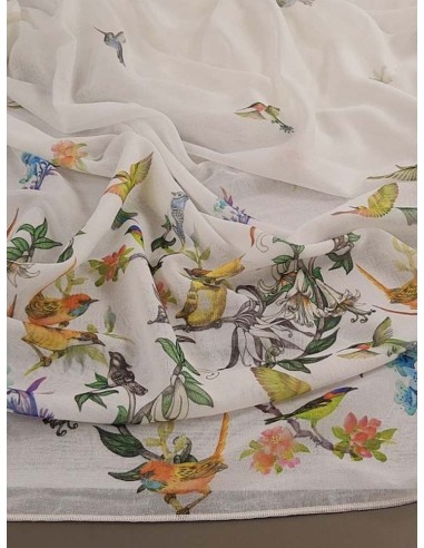 Бяло ленено перде с принт на птички-3