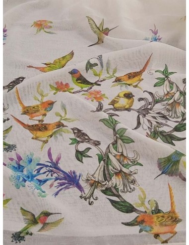 Бяло ленено перде с принт на птички-2