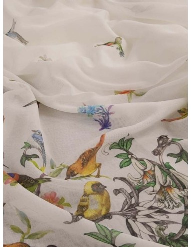 Бяло ленено перде с принт на птички-4