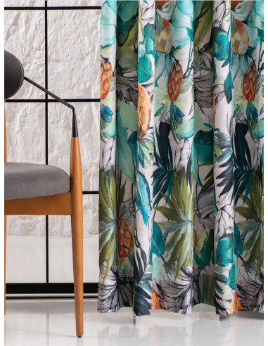 Плат за плътна завеса с тропически десен в зеленикава гама-2