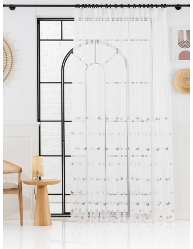 Прозрачно перде с бродирани пеперуди в розово и сиво-4