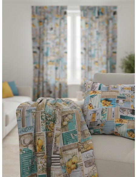 Плат за плътна завеса с лимони, колелета и маргаритки